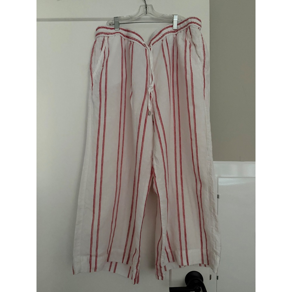Tommy Bahama Womens XL White Red Striped Linen Wide Leg Pull On Pants Drawstring